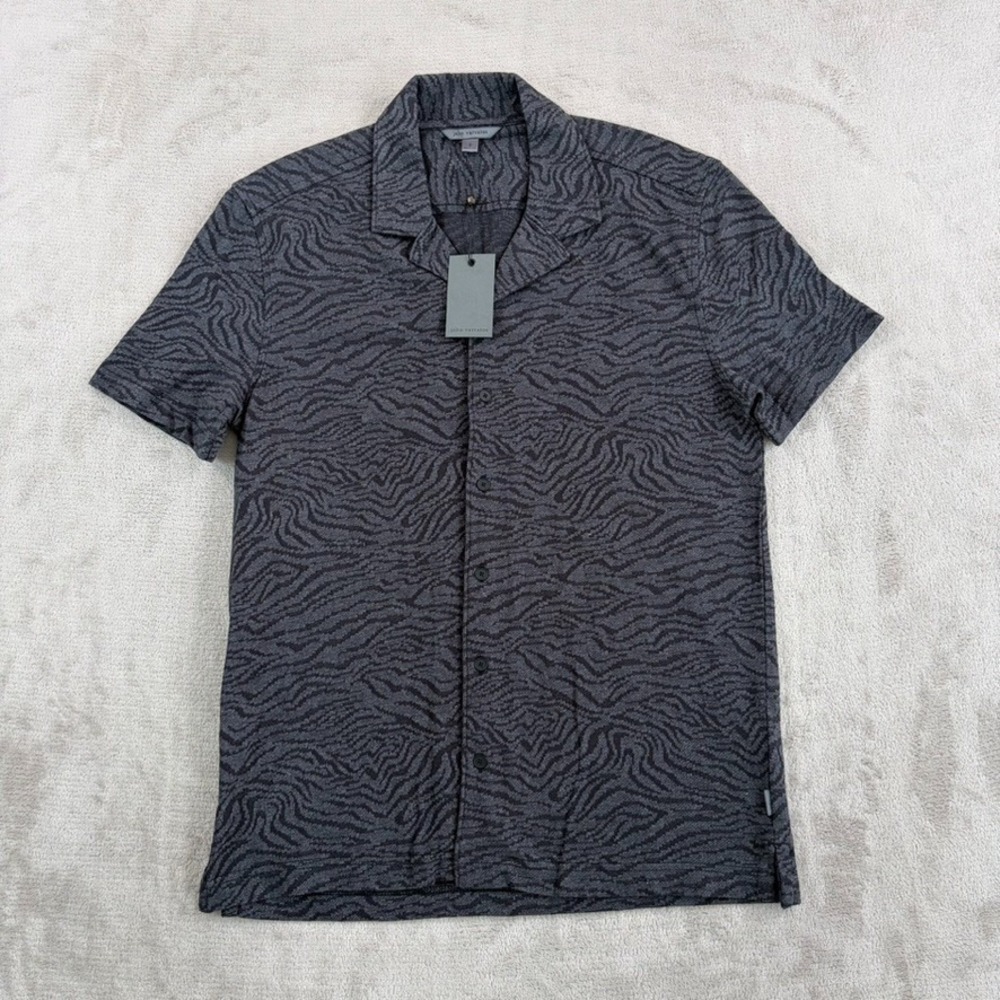 John Varvatos Lawrence Zebra Jacquard Camp Shirt in Charcoal Black Men Small NWT